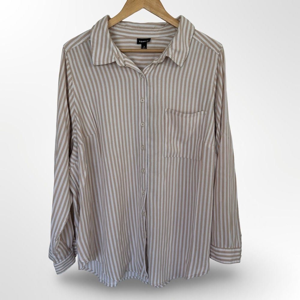 Torrid Striped Button Down Blouse Flowy Tan White Size 3
